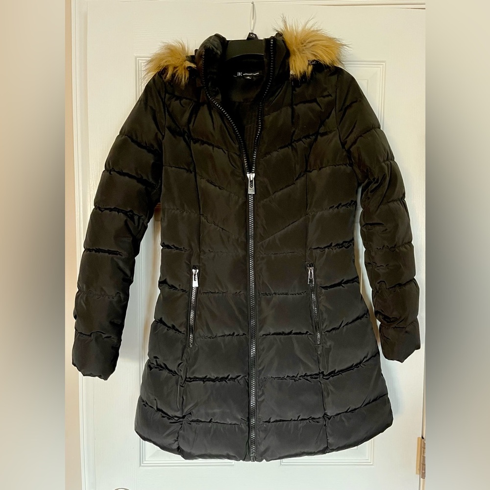 INC Women’s XS Faux Fur Trim Hooded Puffer Coat